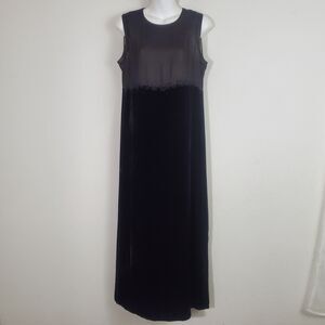 DKNY Vintage Dress 12 Petite Black Silk Velvet 90s Y2K Elegant Sheer Beaded